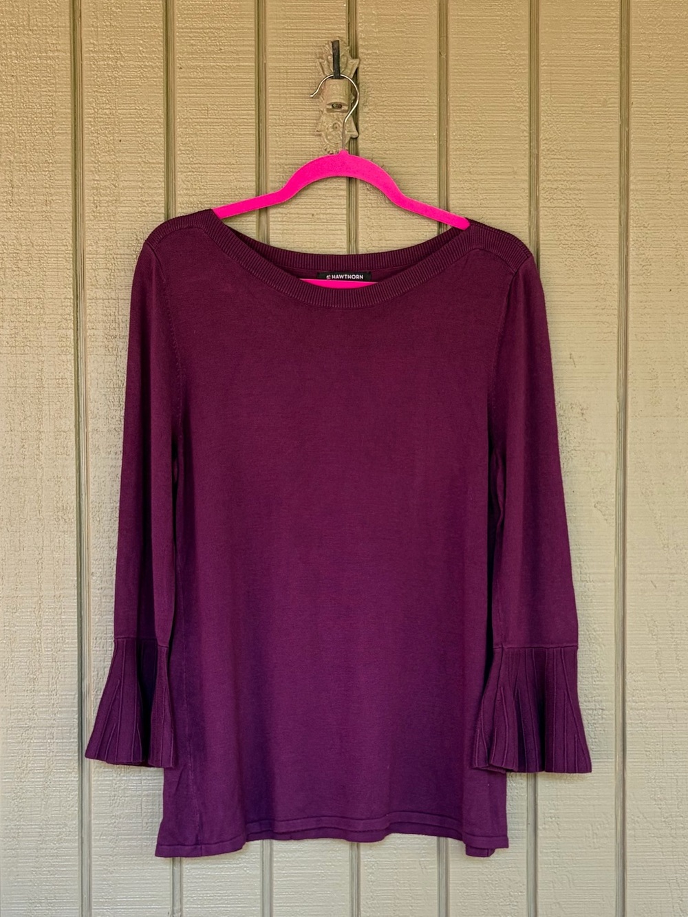 41 HAWTHORN Plum Purple Ribbed Bell Sleeve Knit Sweater Top Size L EUC